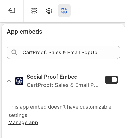 Shopify theme editor showing the CartProof Social Proof Embed toggle switched on.